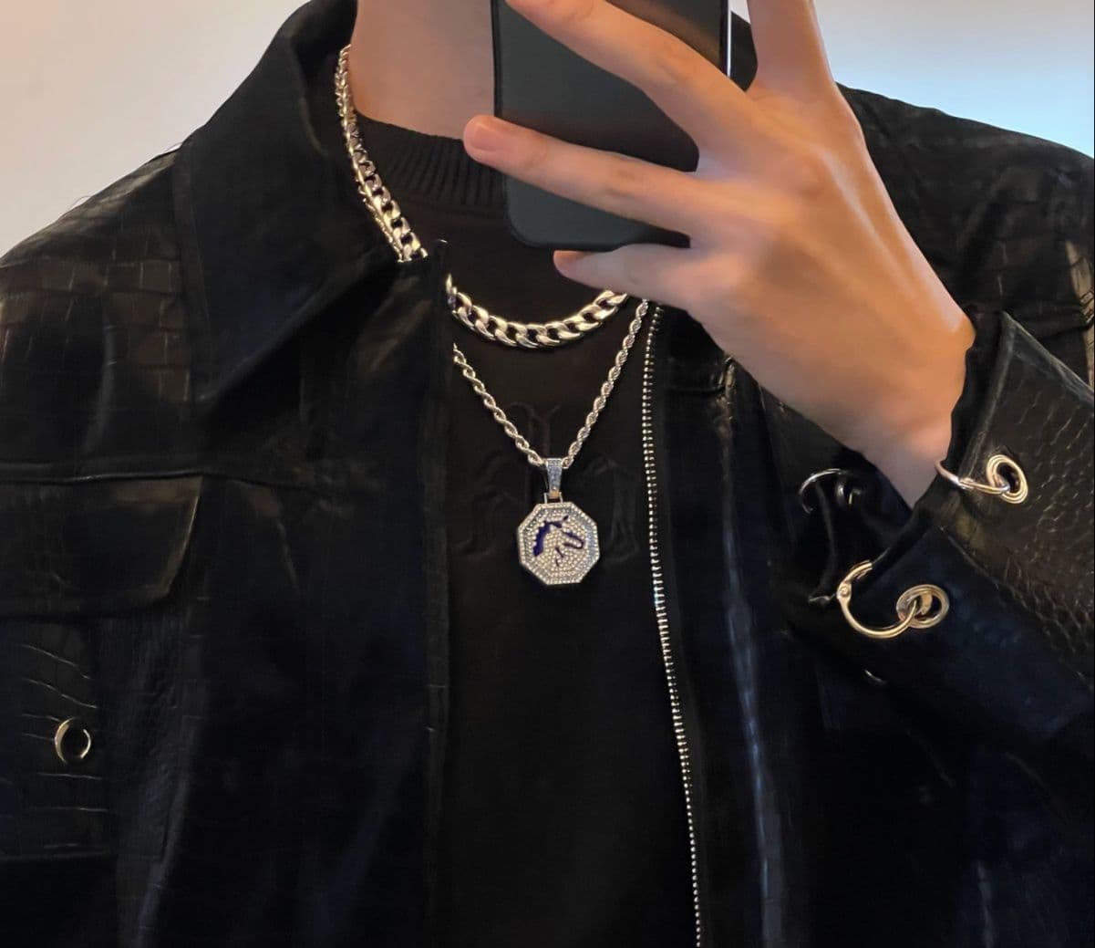 メンズアクセサリー ネックレス 八角形ペンダント二連チェーンネックレス