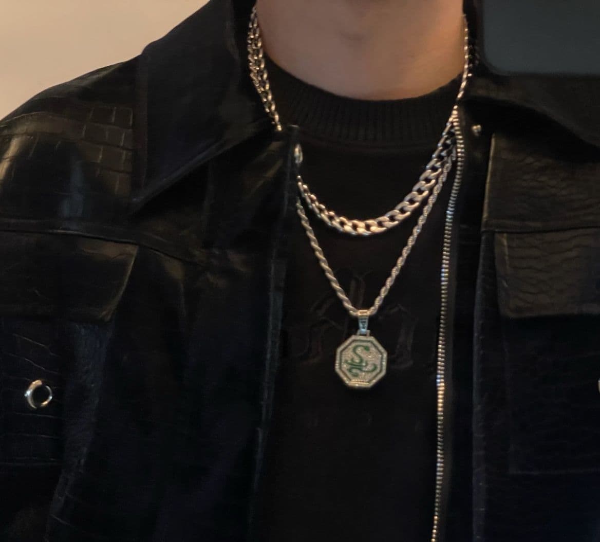 メンズアクセサリー ネックレス 八角形ペンダント二連チェーンネックレス