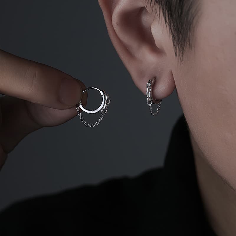 メンズアクセサリー 鎖付き輪環ピアス