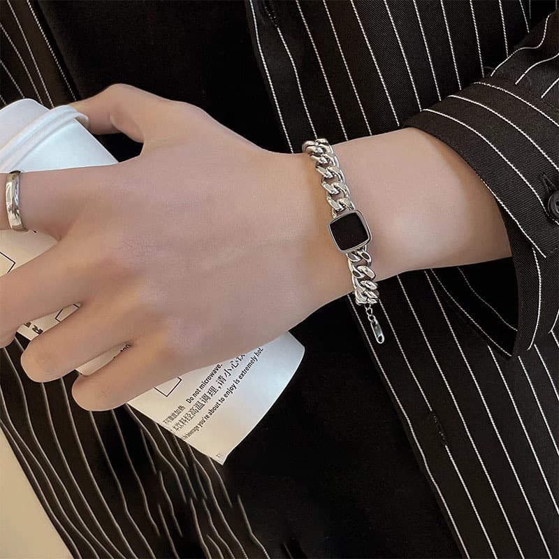 メンズアクセサリー ブレスレット 方形石留め喜平チェーンブレスレット