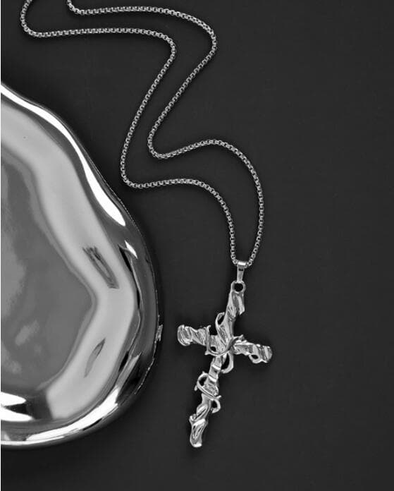 メンズアクセサリー 男性用十字架ネックレス シルバー調チェーン付き