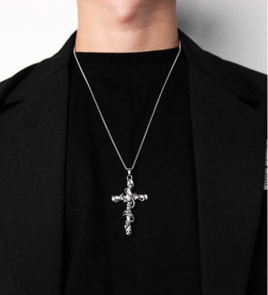 メンズアクセサリー 男性用十字架ネックレス シルバー調チェーン付き