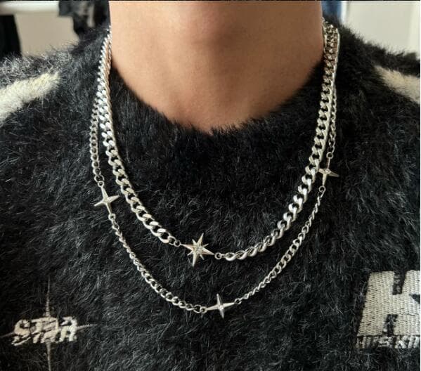 メンズアクセサリー 星モチーフ重ね付け風チェーンネックレス