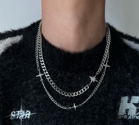 メンズアクセサリー 星モチーフ重ね付け風チェーンネックレス