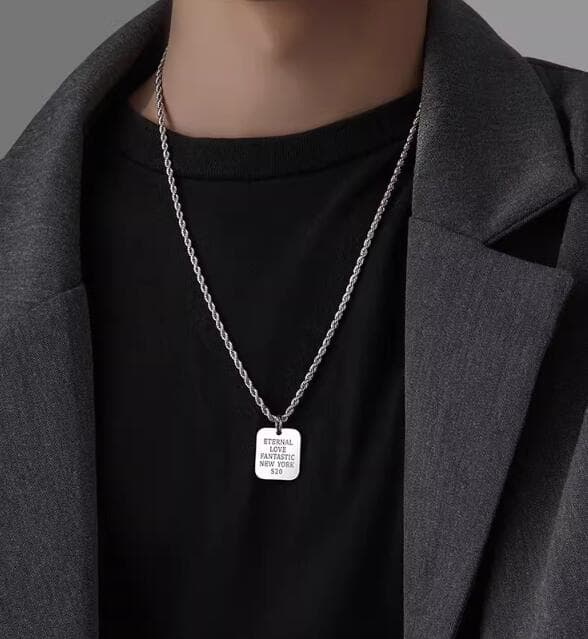 メンズアクセサリー 男性用シルバーチェーンネックレス文字刻印プレート付き