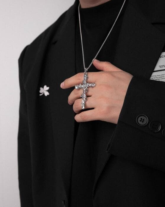 メンズアクセサリー 男性用十字架ネックレス シルバー調チェーン付き