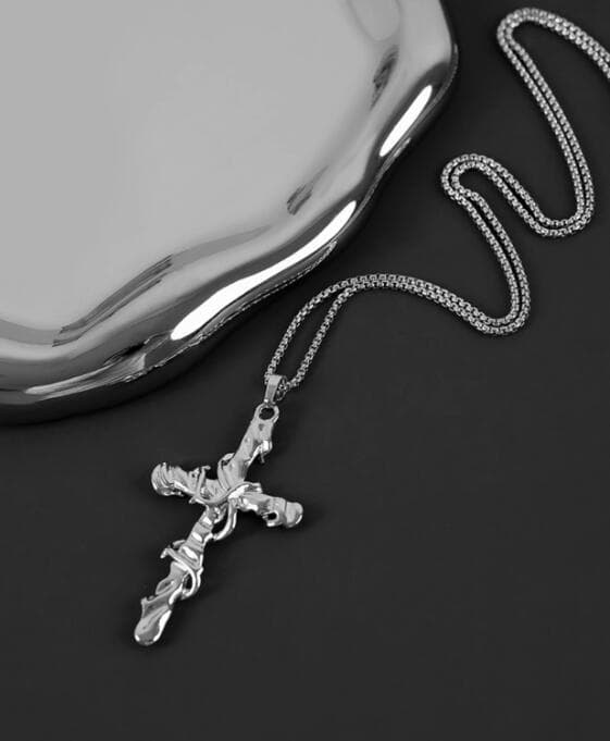メンズアクセサリー 男性用十字架ネックレス シルバー調チェーン付き