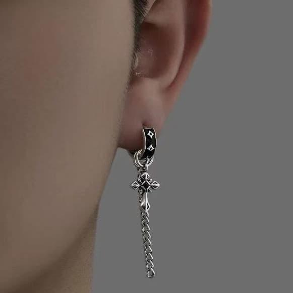 メンズアクセサリー 男性用十字架チェーン垂れ下がりピアス