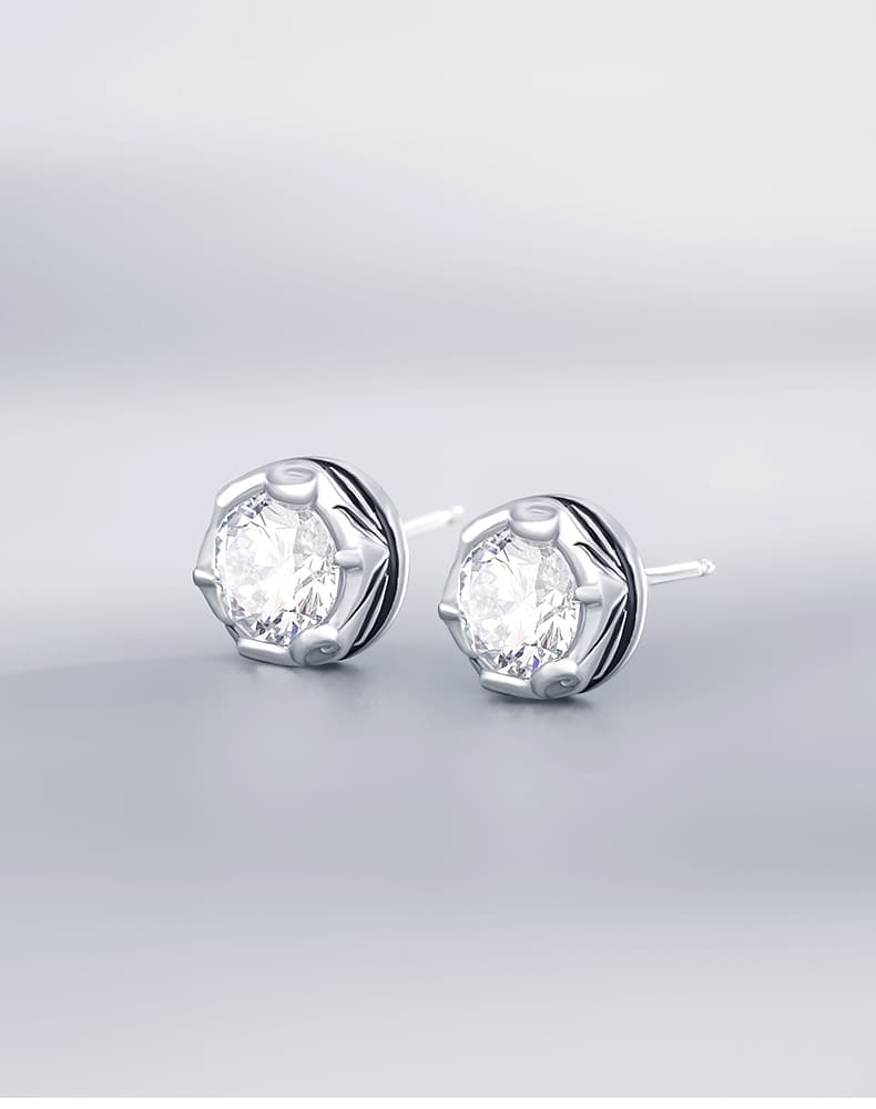 メンズアクセサリー 男性用黒石円形スタッドピアス銀色装飾枠