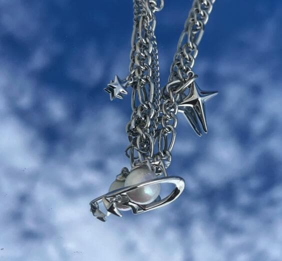 メンズアクセサリー 宇宙惑星モチーフ星チャーム付きチェーンネックレス
