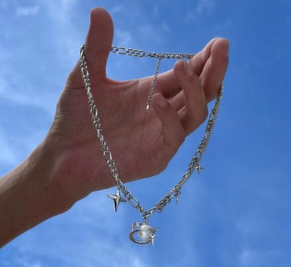 メンズアクセサリー 宇宙惑星モチーフ星チャーム付きチェーンネックレス